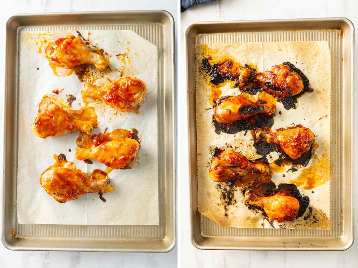 Two baking sheets display the stages of cooking chicken legs: the left features raw, harissa-seasoned drumsticks, while the right reveals beautifully browned and aromatic honey-glazed drumsticks on parchment paper.