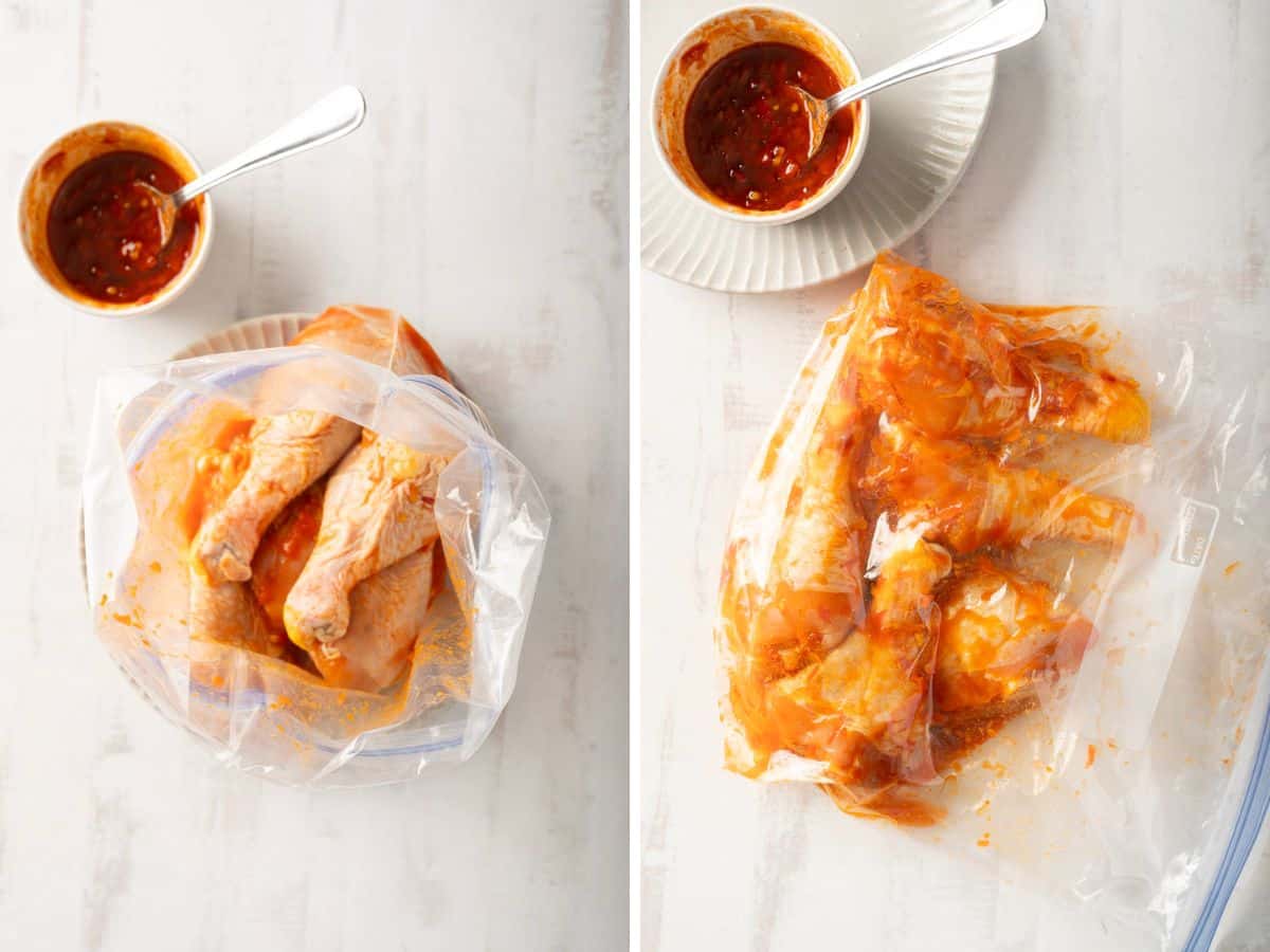Raw chicken legs marinating in a clear bag with a spicy harissa sauce, accompanied by a small dish of additional marinade on a white surface.