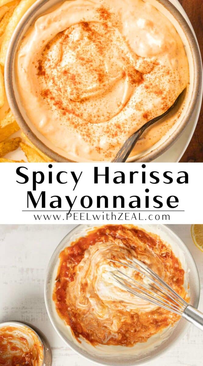 Two bowls of spicy harissa mayonnaise, one with a spoon and the other with a whisk. Text reads: "Spicy Harissa Mayonnaise www.PEELwithZEAL.com".