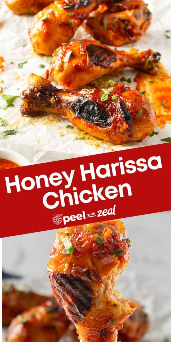 Grilled chicken drumsticks glazed with honey and harissa, garnished with herbs, on a white surface. Text overlay reads "Honey Harissa Chicken.