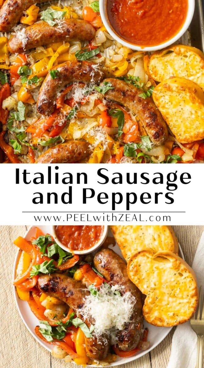Plate of Italian sausages with red and yellow peppers, onions, toasted bread, and a small bowl of red sauce.