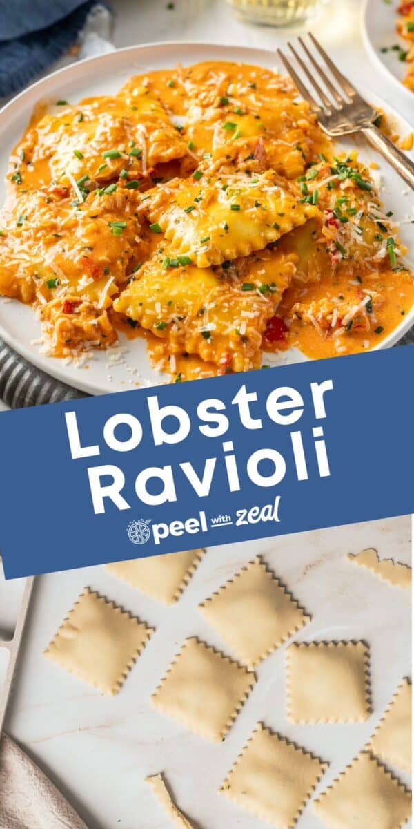 Plate of lobster ravioli in a creamy sauce garnished with chives and grated cheese, with uncooked ravioli on a cutting board below.