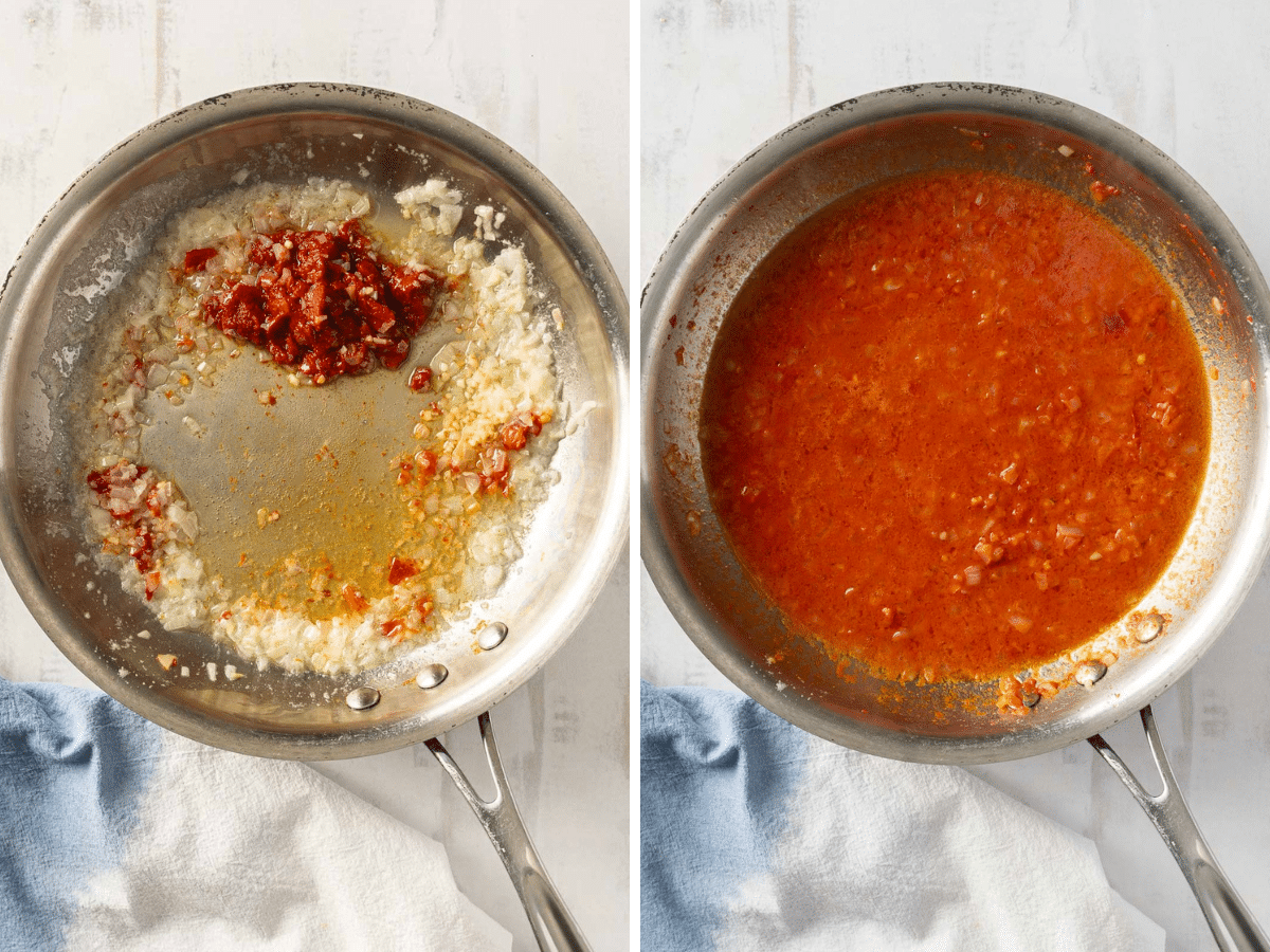 On the left, a pan with sautéed onions and chopped tomatoes. On the right, the same pan with blended tomato cream sauce simmering, perfect for a lobster ravioli dish. A blue and white cloth is nearby.