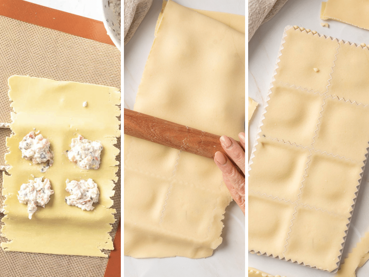 Three-panel image showing the ravioli-making process: filling nestled on a pasta sheet, rolling dough to gently enclose the lobster-infused filling, and neatly crafted sealed ravioli squares.