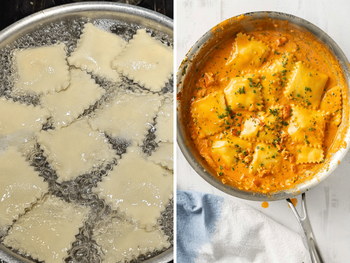 Left: Boiling ravioli in water. Right: Cooked lobster ravioli in a creamy tomato sauce with herbs in a pan.