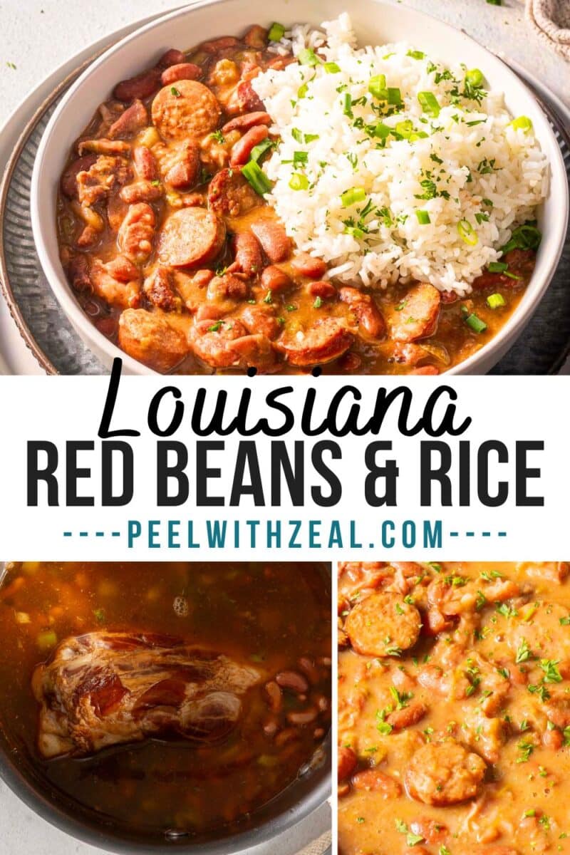 A bowl of red beans and rice with sliced sausage, garnished with herbs. The text reads "Louisiana Red Beans & Rice.