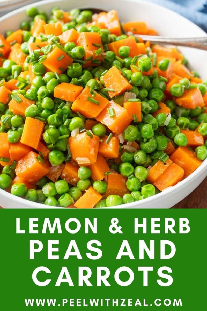 A bowl of peas and diced carrots, garnished with herbs, with a spoon. Text reads "Lemon & Herb Peas and Carrots" and a website URL is at the bottom.