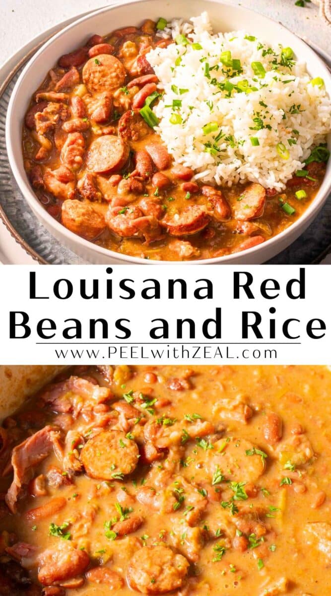 A bowl of Louisiana red beans and rice topped with chopped herbs, alongside text "Louisiana Red Beans and Rice" from the website PEELwithZEAL.com.