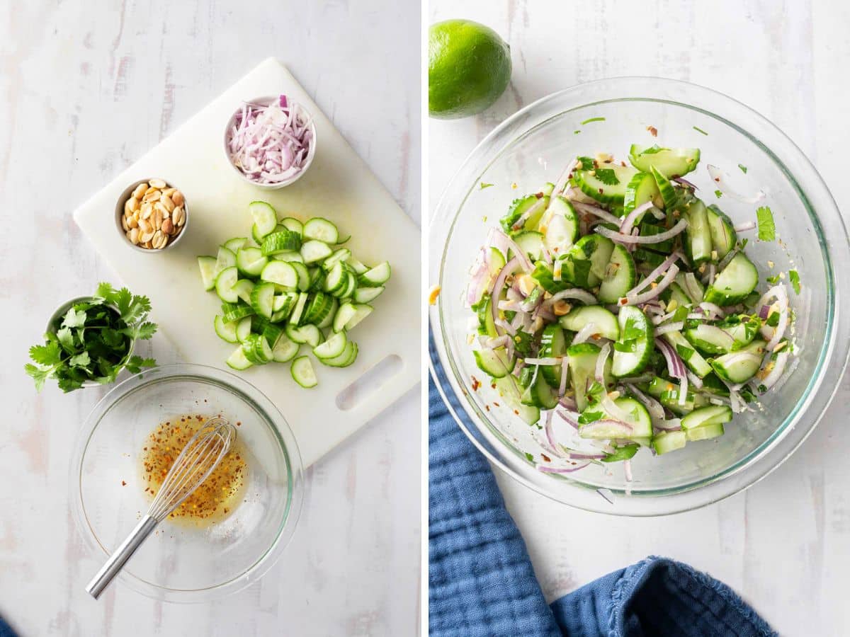 Two images: On the left, ingredients like sliced cucumbers, red onion, peanuts, and cilantro on a cutting board with a whisked dressing. On the right, Sweet Chili Salmon paired with mixed cucumber salad in a glass bowl, complete with a zesty lime nearby.