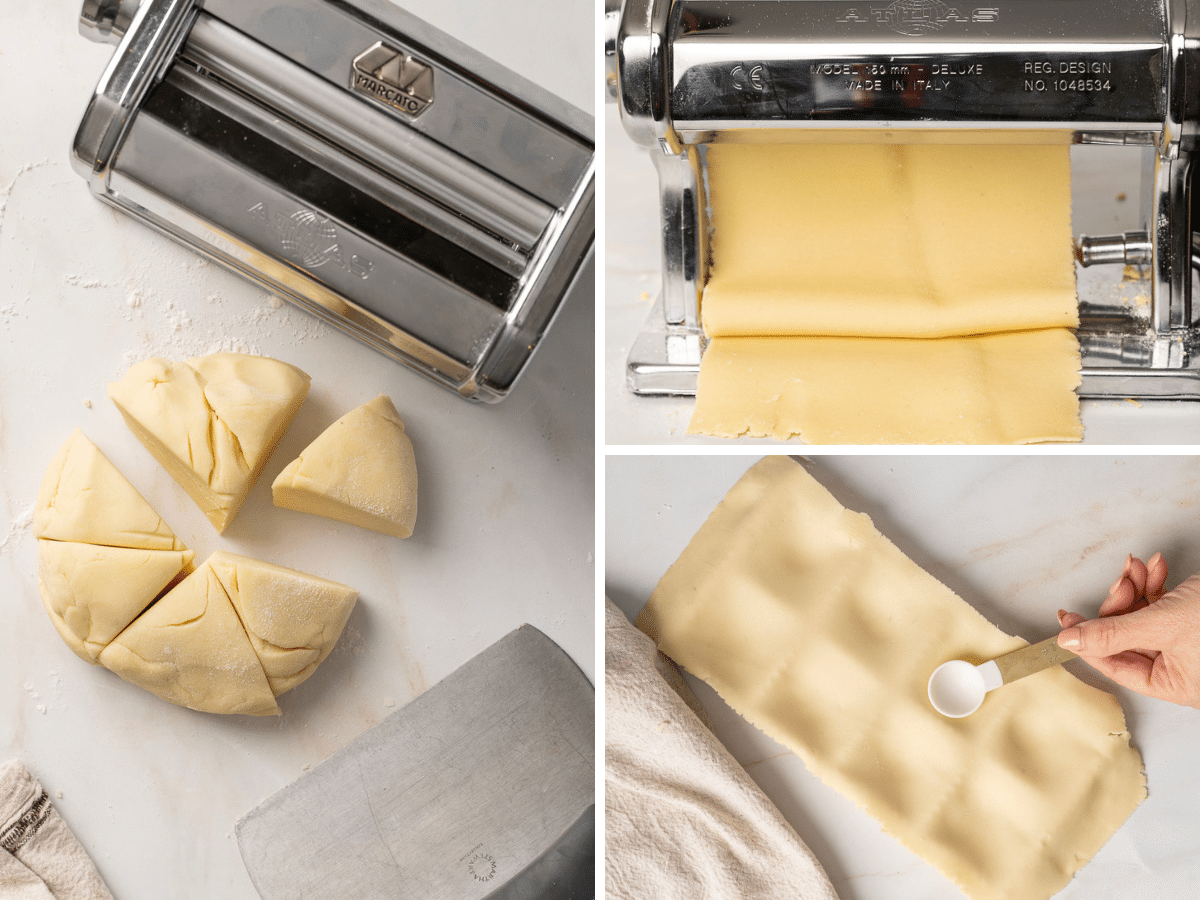 Pasta dough is divided into pieces, rolled through a pasta machine, and flattened into sheets for making ravioli. A spoon rests on one sheet for size reference, ready for a lobster filling.