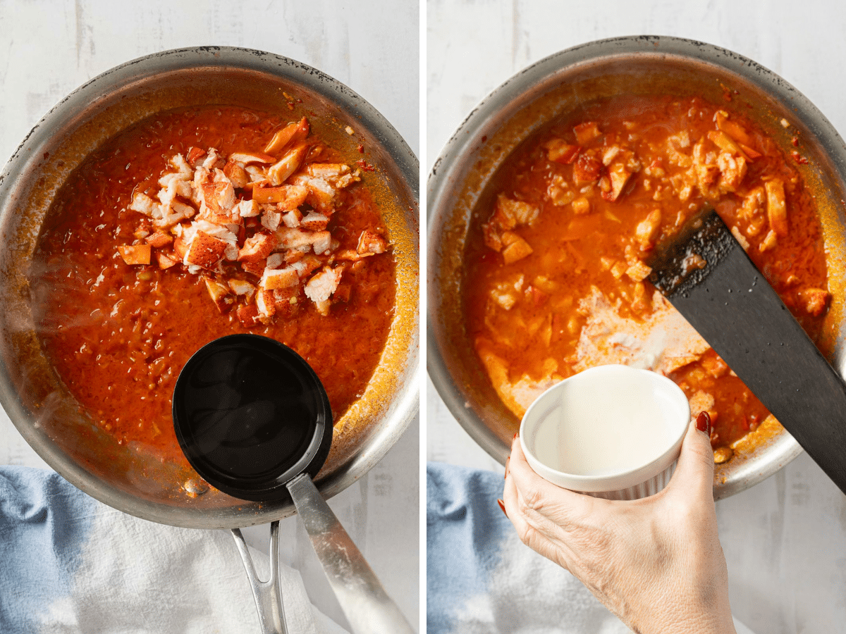 Cooking in progress: Left image shows broth being added to a pan of chopped tomatoes and succulent lobster. Right image displays cream being poured into the seafood mixture, with a spatula blending the ingredients harmoniously. The perfect base for a delightful ravioli filling!.