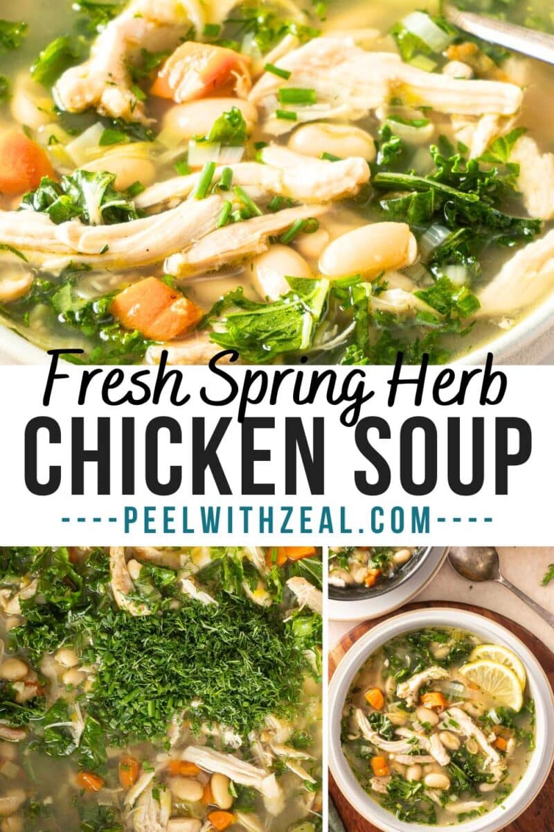 Collage of chicken soup with herbs, featuring close-up shots of ingredients like chicken, greens, and beans. Text overlay: "Fresh Spring Herb Chicken Soup.