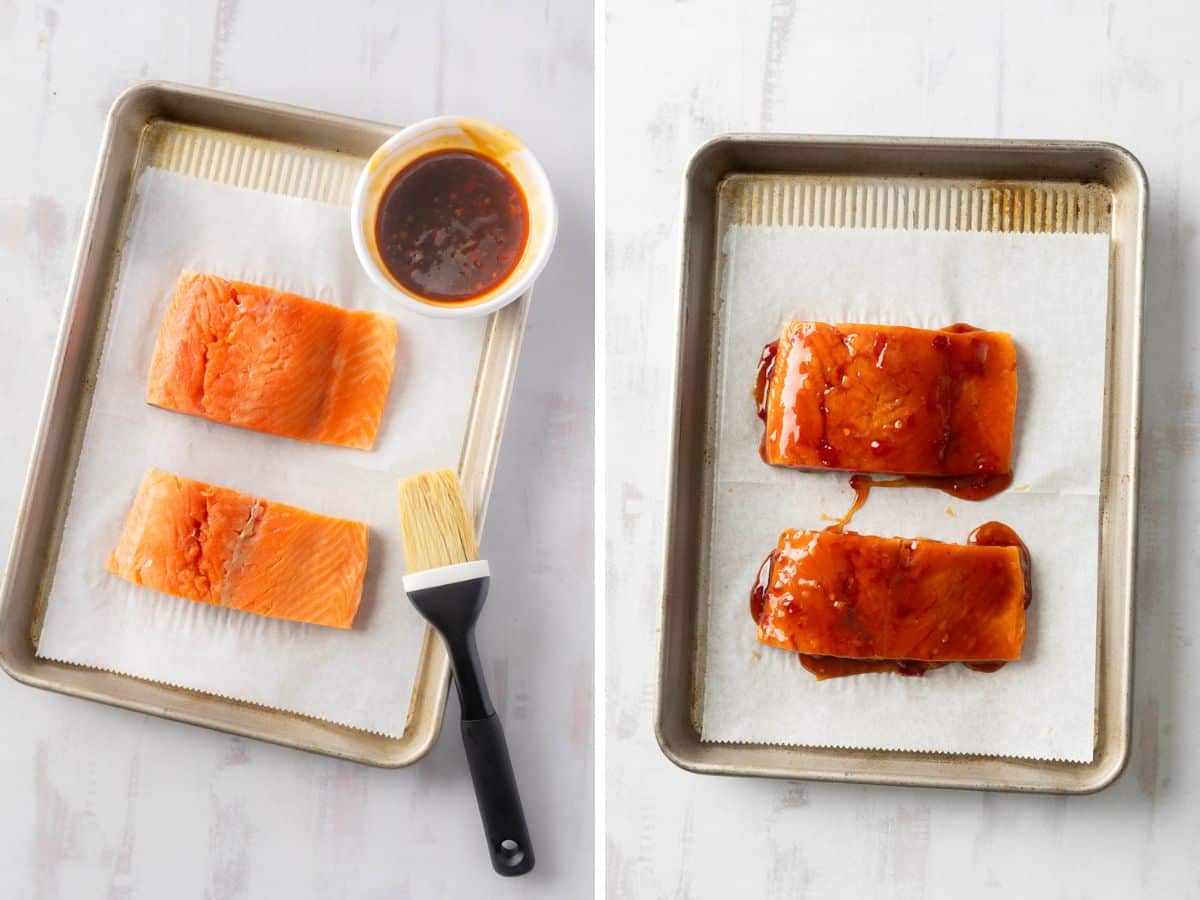 Two side-by-side images of salmon fillets on a baking sheet. Left: raw with a brush and sauce, capturing the first step of this delightful sweet chili salmon recipe. Right: elegantly coated with sauce.