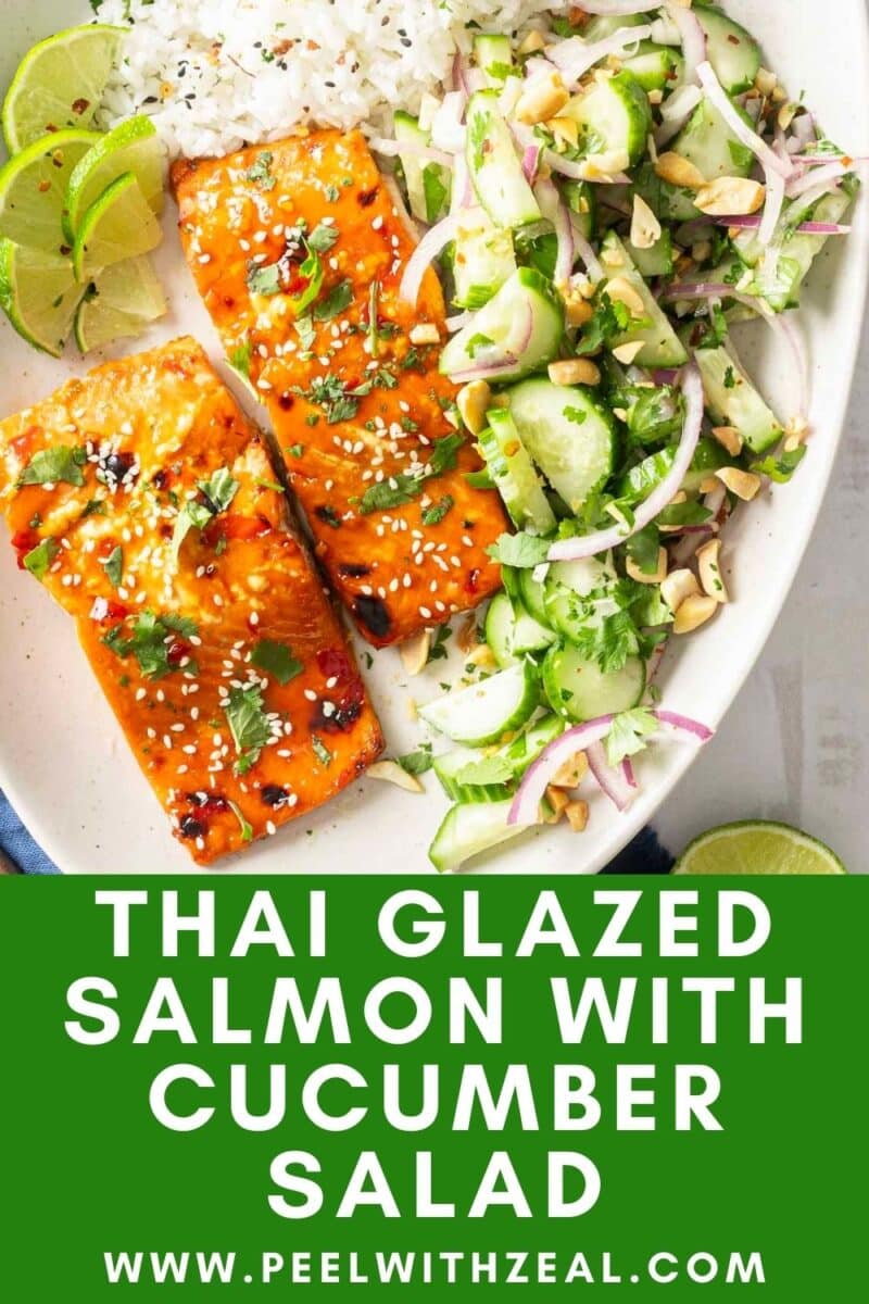 Thai glazed salmon with cucumber salad, lime wedges, and rice on a plate. Text reads: "Thai Glazed Salmon with Cucumber Salad.