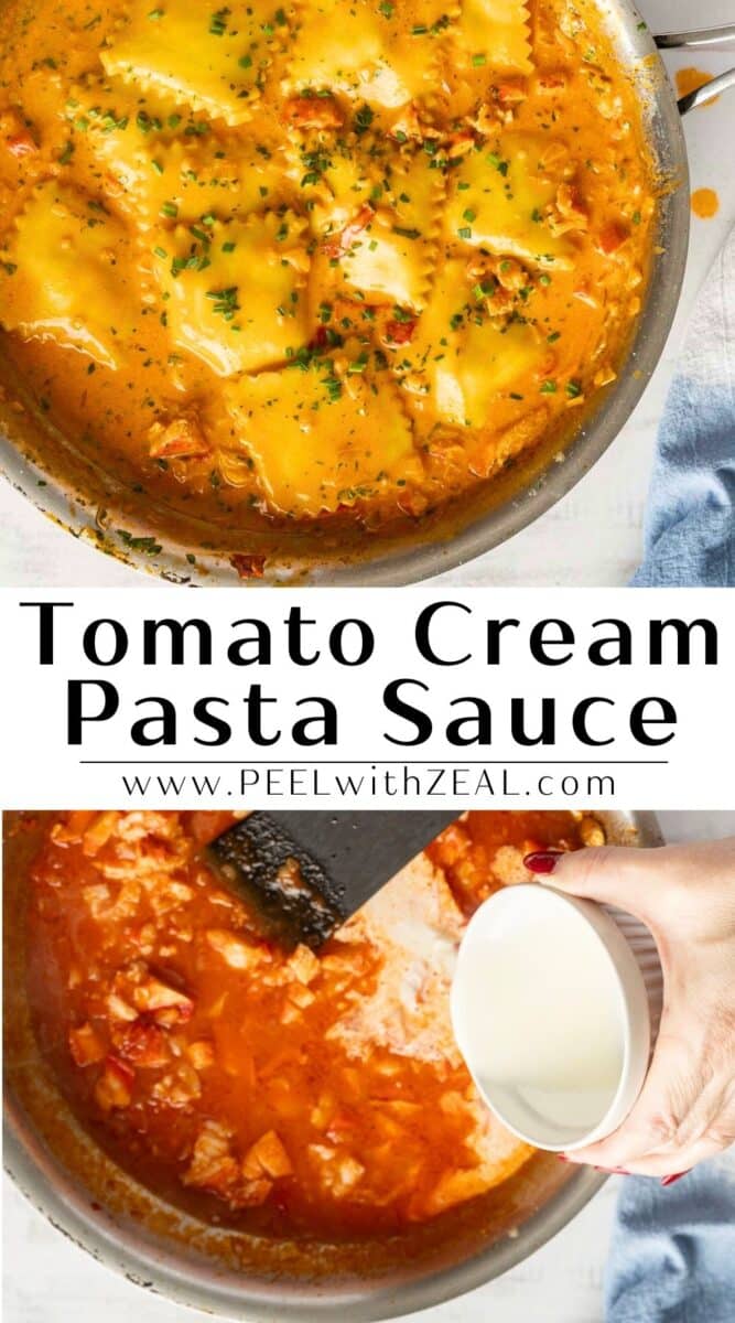 A skillet with tomato cream pasta sauce, topped with herbs. A hand pouring cream into the sauce. Text reads: "Tomato Cream Pasta Sauce www.PEELwithZEAL.com".
