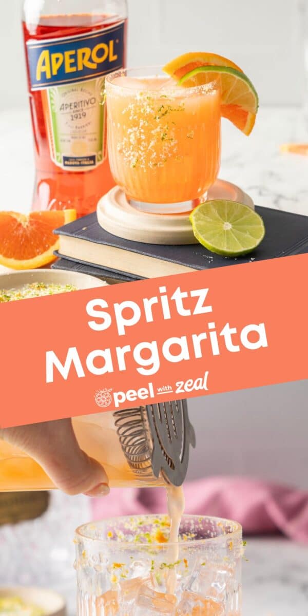 A spritz Aperol margarita with lime and orange slices, accompanied by an Aperol bottle and a glass rimmed with citrus zest.