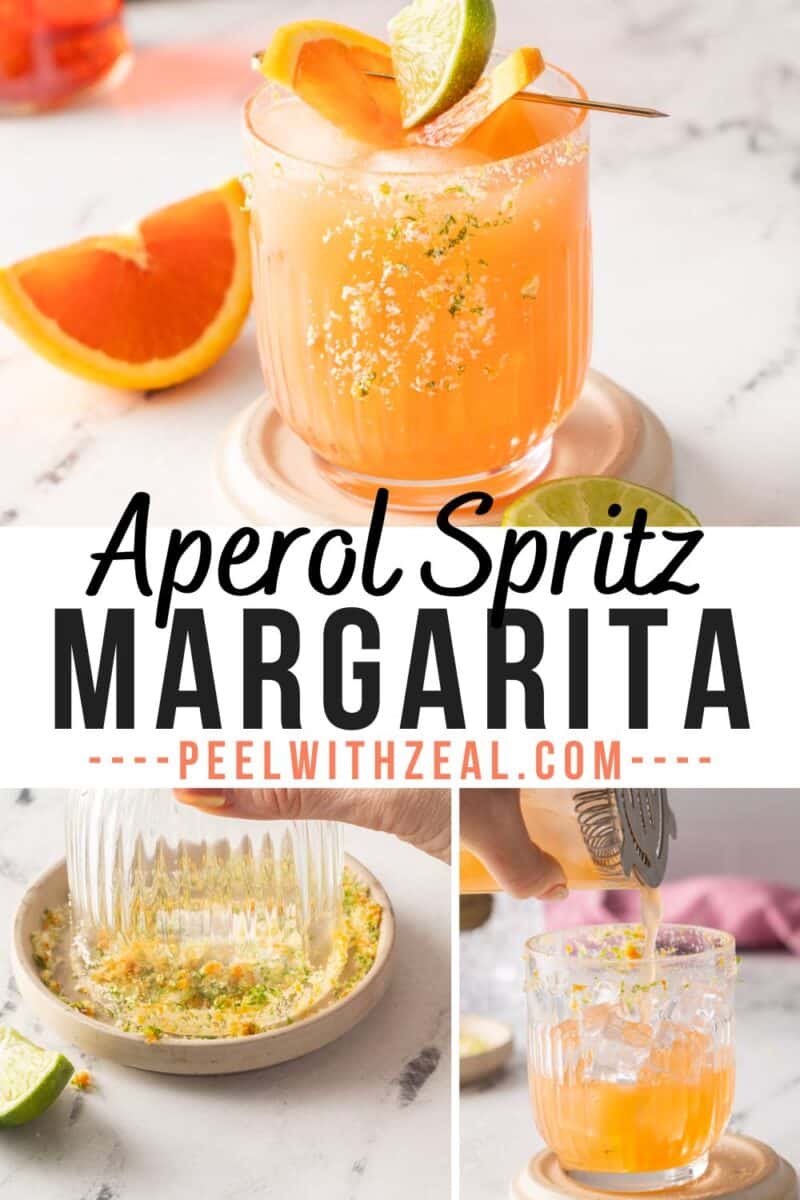 Aperol Margarita Twist: Aperol Spritz Margarita with a lime wedge and orange garnish. Ingredients ready, rim expertly prepared with salt and zest.