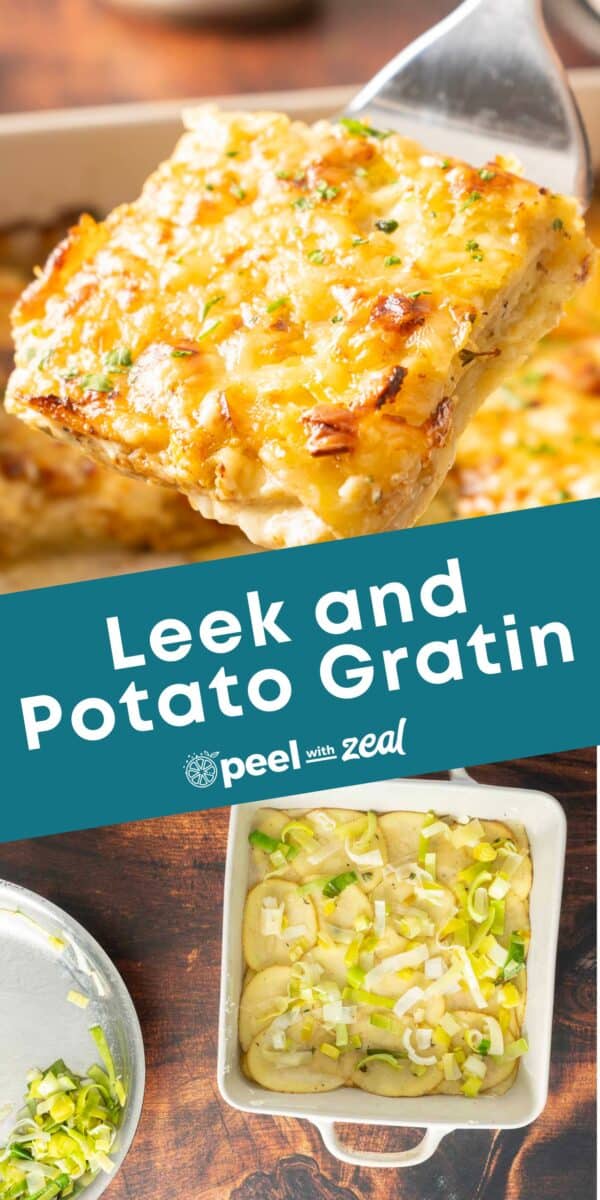 Two images: a close-up of the delectable leek potato gratin on a spatula and a prep view showcasing sliced potatoes and leeks neatly arranged in a dish.