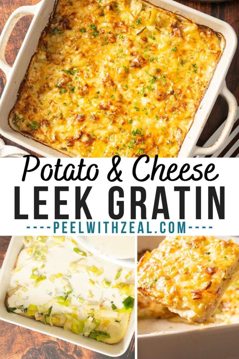 Leek potato gratin casserole dish on a wooden table. Insert shows preparation steps, blending tender leeks with creamy potatoes and cheese for a heavenly meal.