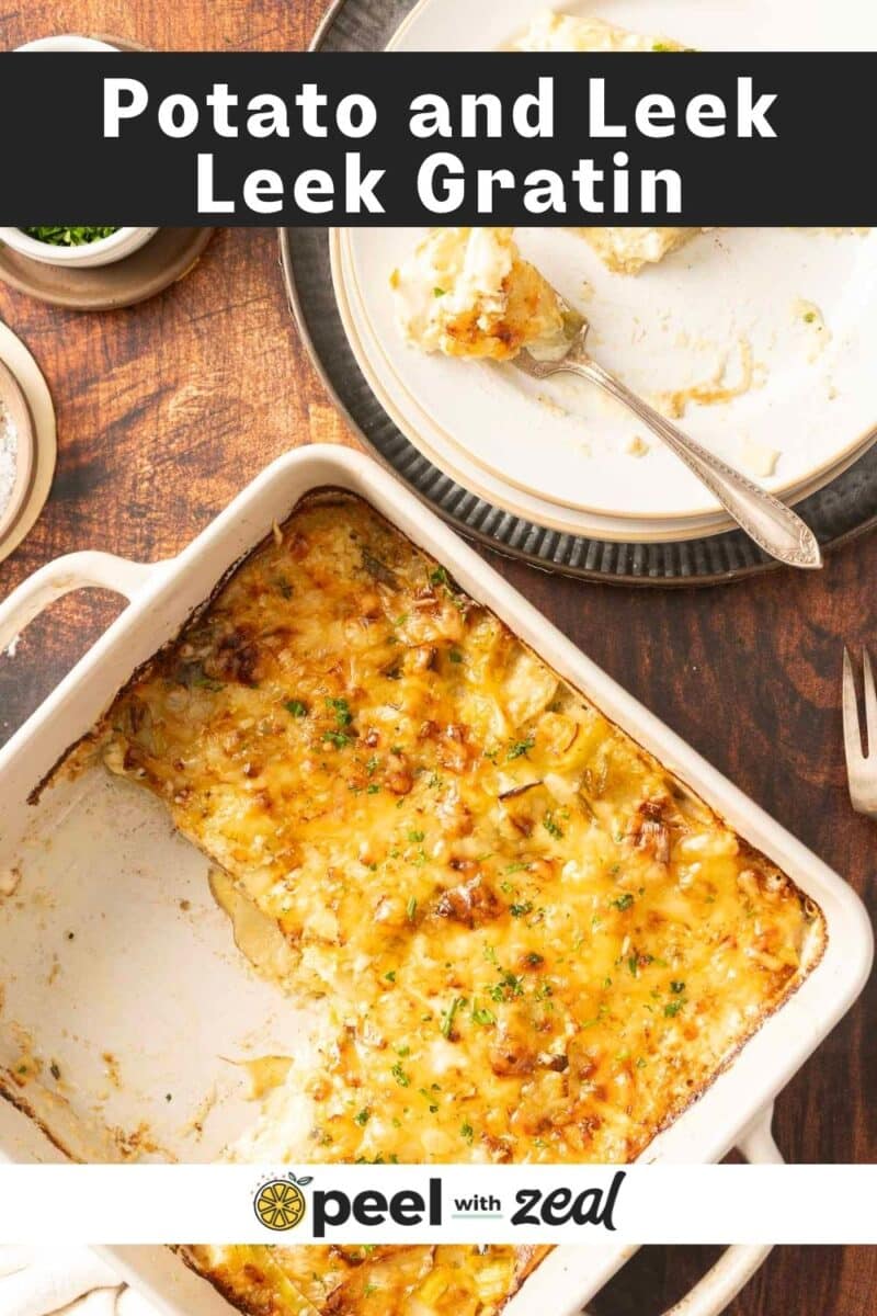 Leek potato gratin in a dish, with a delicious serving on a plate beside it.