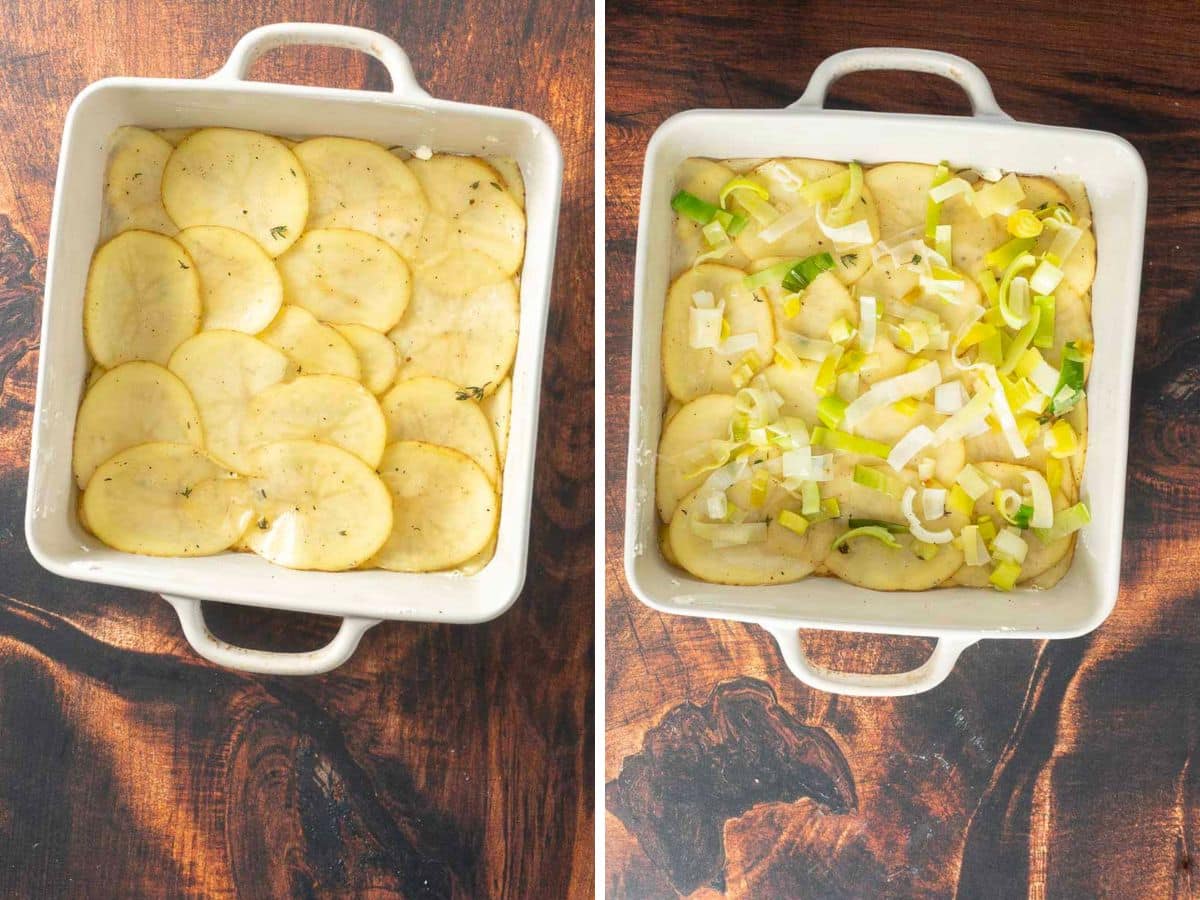 First layer of sliced potatoes in a baking dish, second layer of sauteed leeks on top. 