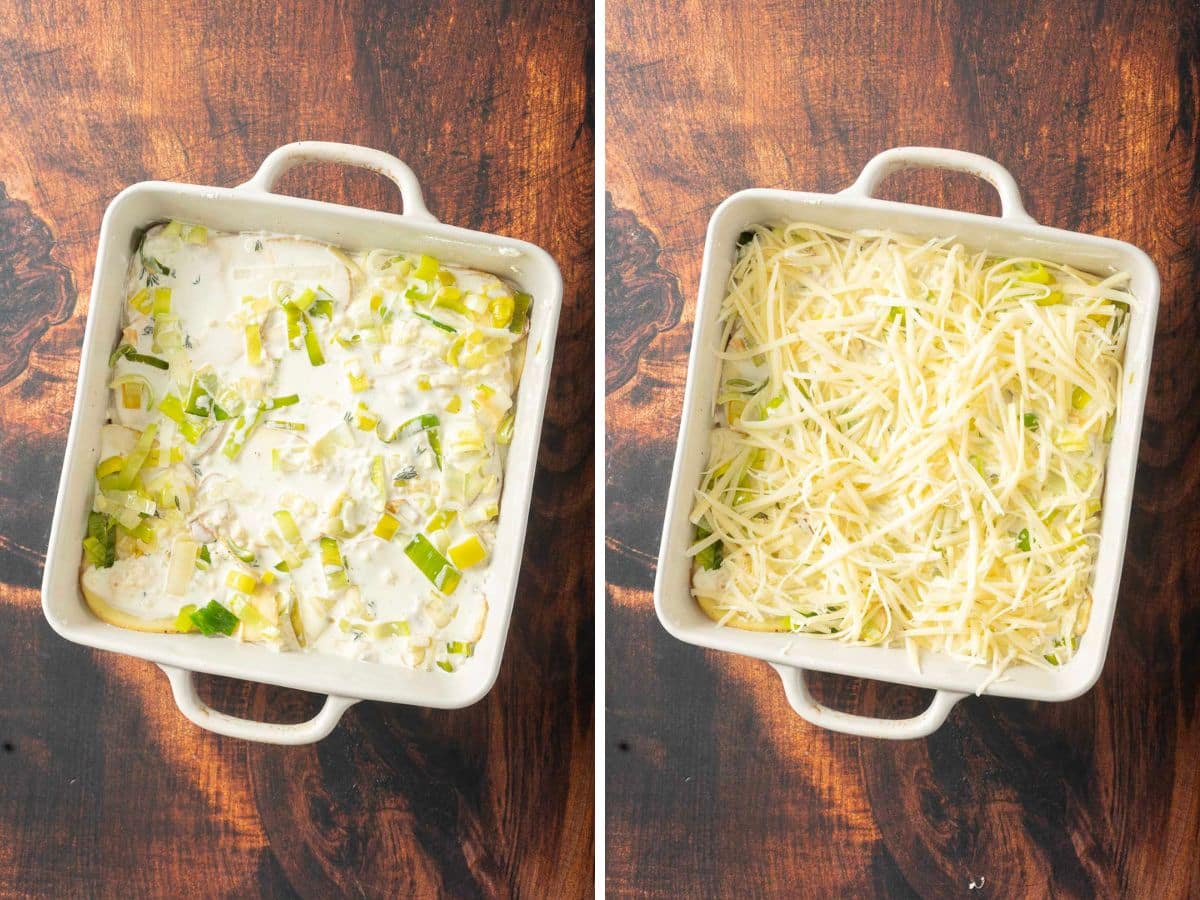 Two side-by-side images showcase a white baking dish: on the left, a creamy leek and potato mixture; on the right, topped with grated cheese, all set against a rustic wooden surface.