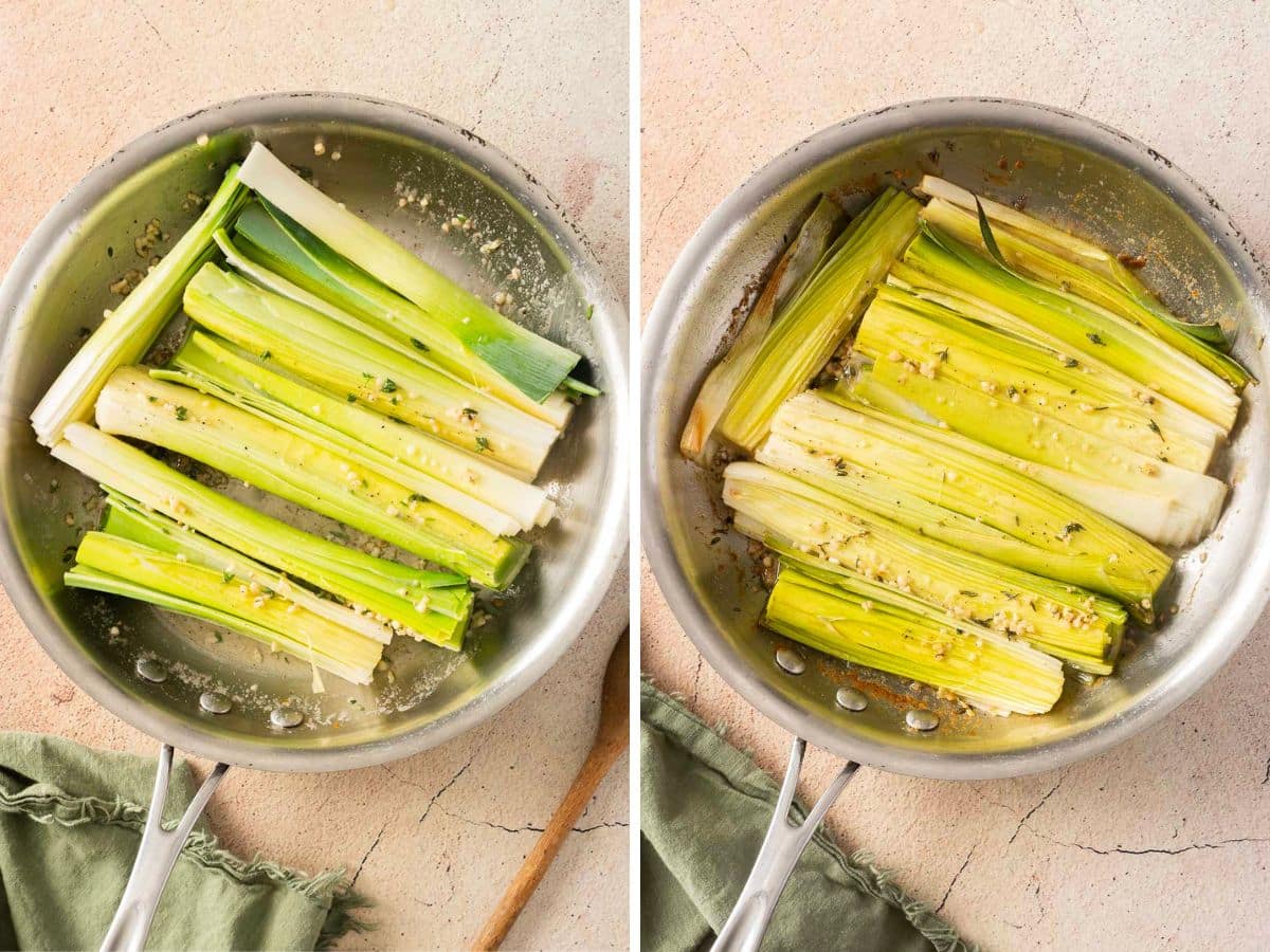 Two side-by-side pans with sliced leeks cooking. The left pan has uncooked leeks, while the right showcases lightly browned, roasted leeks. A green cloth is partially visible in the background.
