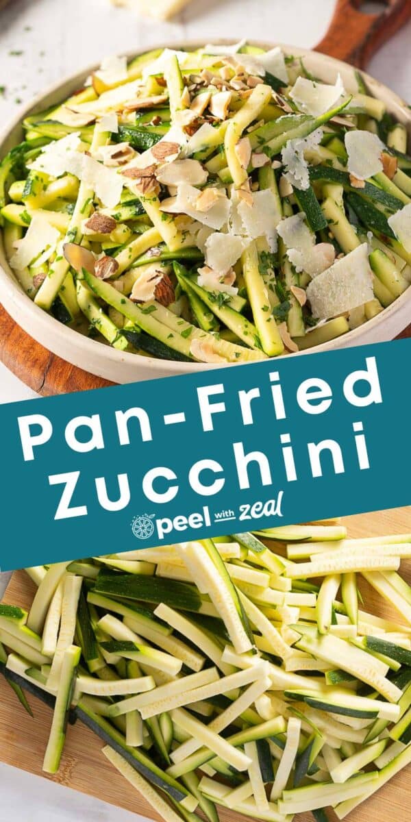 A bowl of sautéed zucchini topped with shaved cheese and herbs sits invitingly, while more sliced zucchini await on the cutting board below.