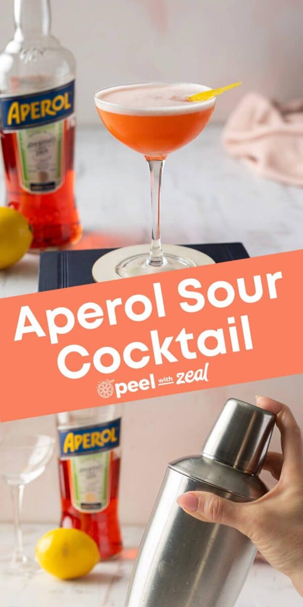 A cocktail glass with an Aperol sour and a lemon twist sits on a table, radiating vibrant hues. Nearby, a bottle of Aperol and a fresh lemon complete the scene.