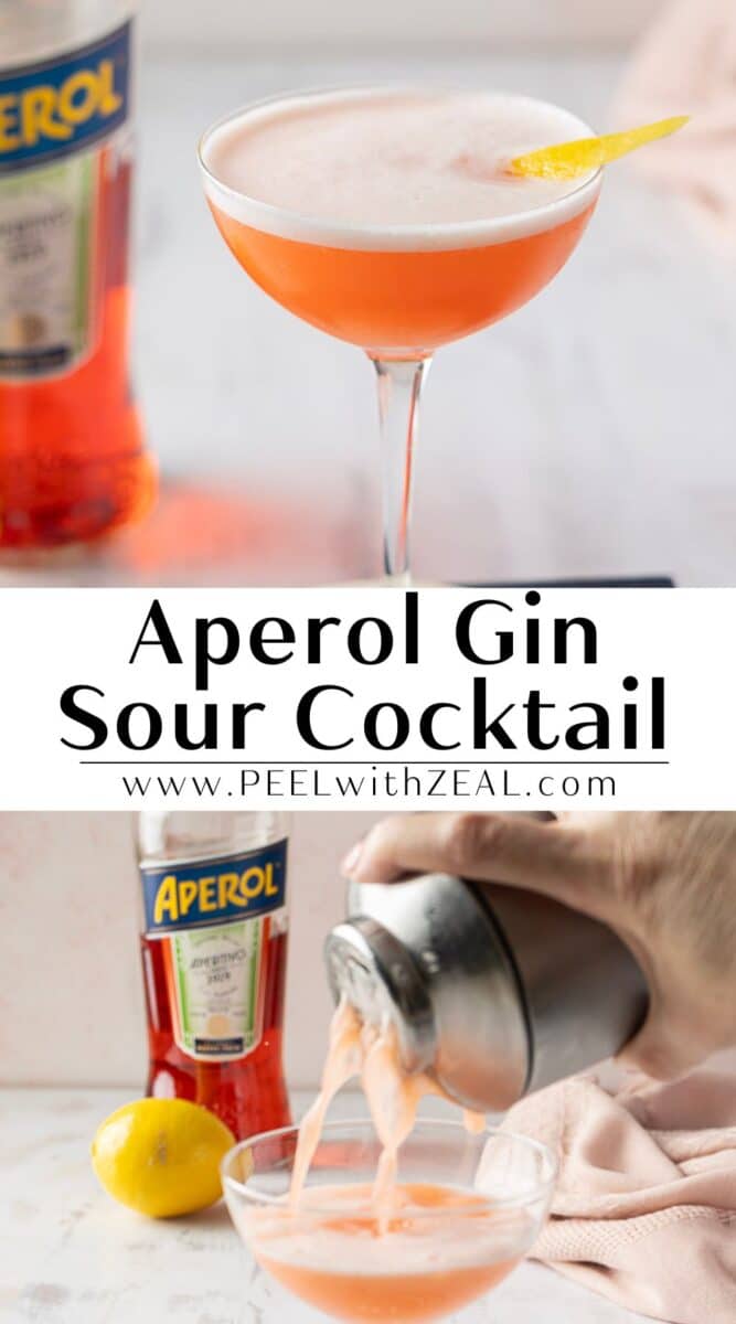 Aperol sour cocktail with a lemon peel garnish, perfectly presented in a glass next to an Aperol bottle. Another image captures the vibrant pink cocktail being elegantly poured from a shaker.