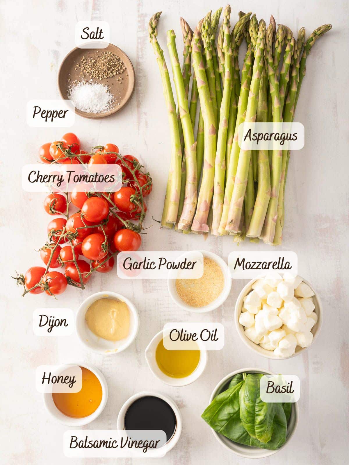 Ingredients on a counter with labels. 