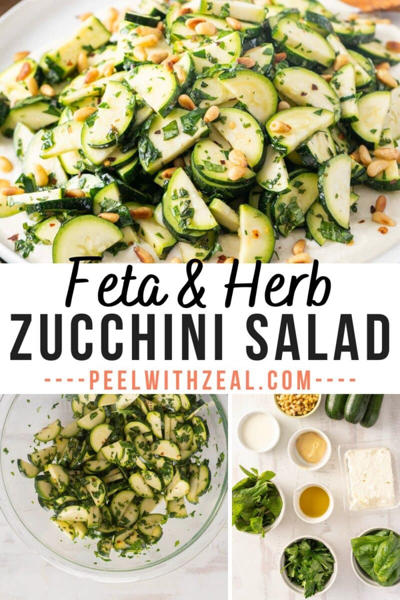 Zucchini salad with feta, fresh herbs, pine nuts, and all the ingredients carefully arranged. Text: "Feta & Herb Zucchini Salad".