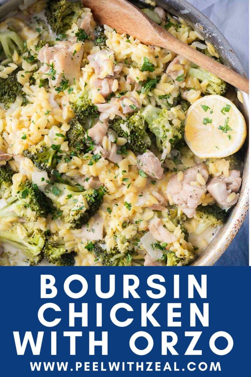 A one-pot wonder featuring Boursin chicken, broccoli, and orzo, garnished with fresh herbs and lemon slices.