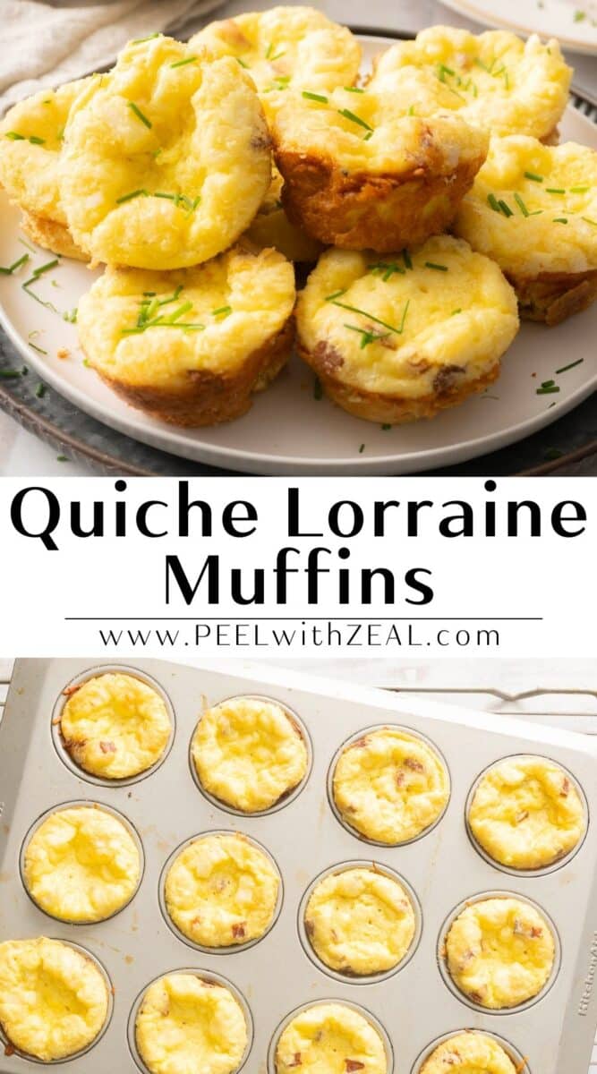Quiche Lorraine muffins sprinkled with chives sit invitingly on a plate and in a muffin tin. Text: "Quiche Muffins Delight.
