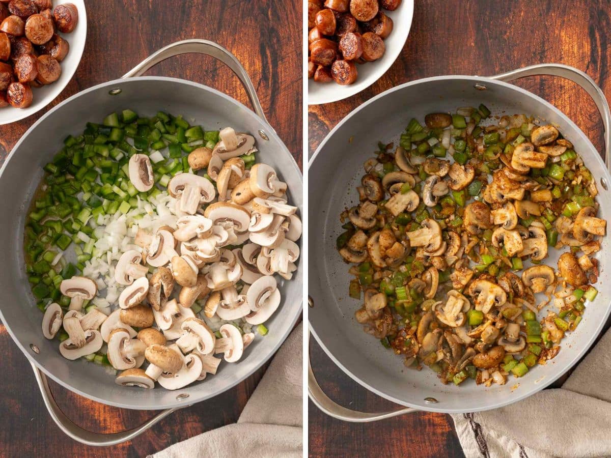 Two-step cooking sequence: Left shows raw onions, peppers, and mushrooms; right shows them sautéed with Cajun spices in a pan.