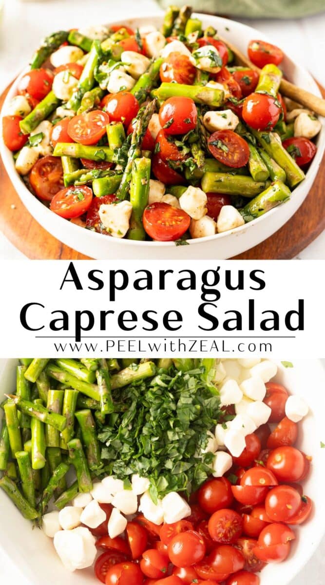 Close-up of an asparagus and tomato salad Caprese-style, featuring mozzarella and fresh herbs, elegantly presented in a white bowl.