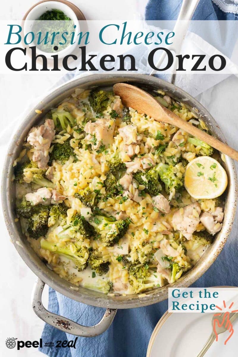 Skillet with chicken, orzo, broccoli, and a wooden spoon. Text on image: "One Pot Chicken Orzo Bake" and "Get the Recipe.