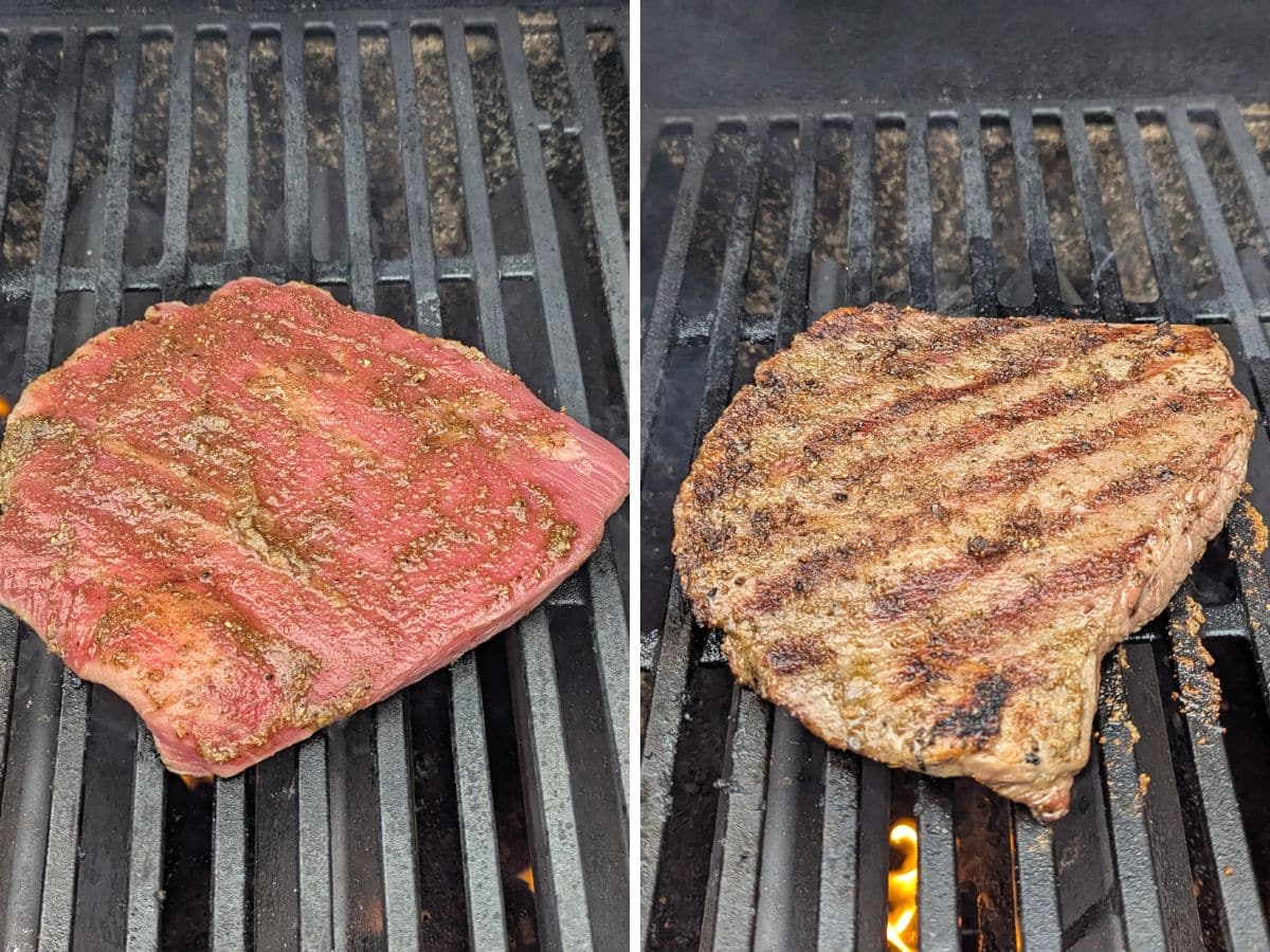Two images side by side: raw seasoned flank steak with chimichurri on the left, grilled steak with char marks on the right.