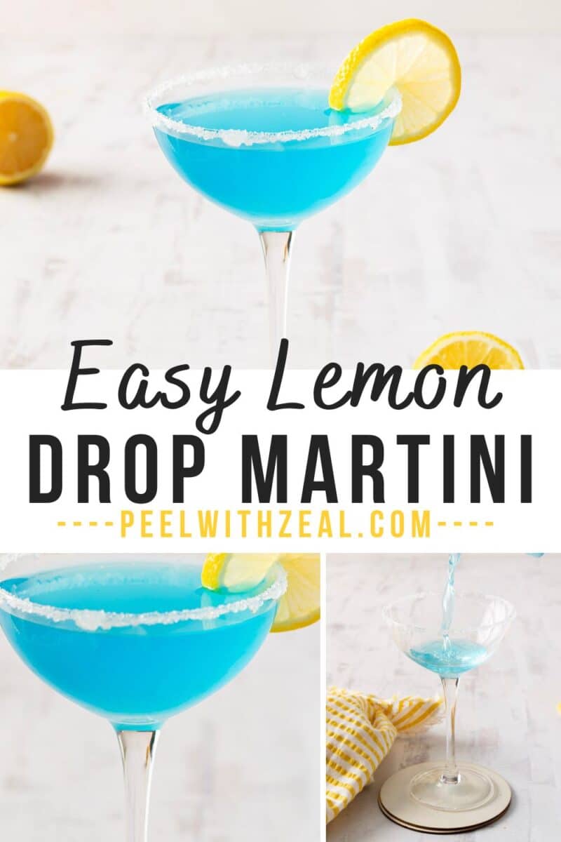 A vibrant blue lemon drop martini sits elegantly with a sugared rim and lemon slice on a wooden surface, exuding refreshing allure. Two whole lemons add charm to the backdrop. Text overlay reads "Easy Lemon Drop Martini.
