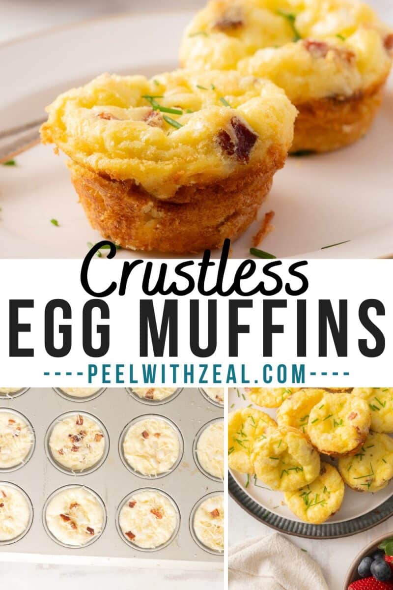 Crustless quiche muffins with bacon on a plate, resting on a baking tray and elegantly styled with garnish.