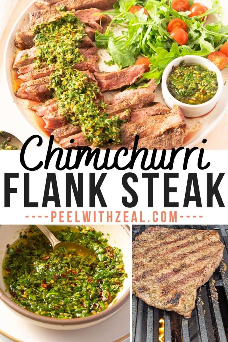Savor grilled flank steak with chimichurri sauce, accompanied by a fresh salad. Discover the full recipe for "Chimichurri Flank Steak" at peelwithzeal.com.