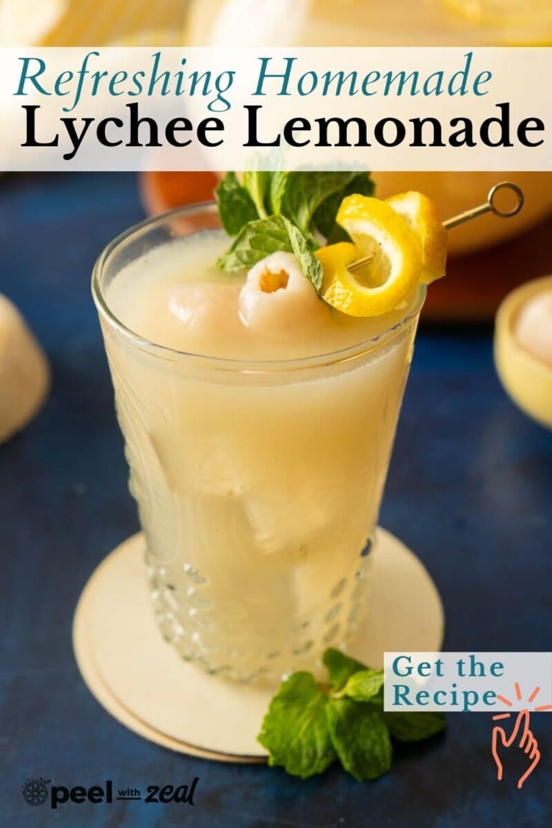 A refreshing glass of lychee lemonade sits on a coaster, garnished with mint and lemon slices. Surrounded by enticing text and a tempting "Get the Recipe" button, it's an invitation to indulge in this delightful blend.