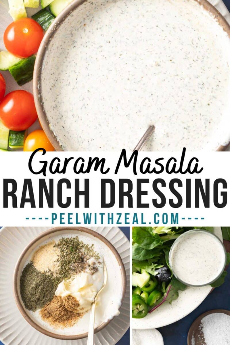 Garam Masala Ranch Dressing: This Indian salad dressing combines mixed spices with a smooth blend, perfect for fresh vegetables. Served in a bowl with a small poured dish.
