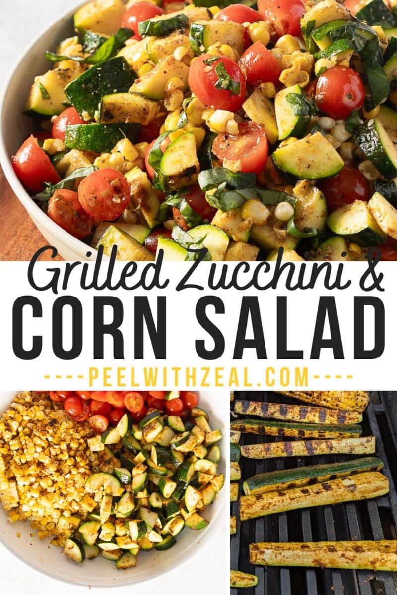 Grilled corn and zucchini salad with cherry tomatoes and herbs in a bowl. Additional images: grilling veggies on a barbecue and a close-up of the salad being mixed.