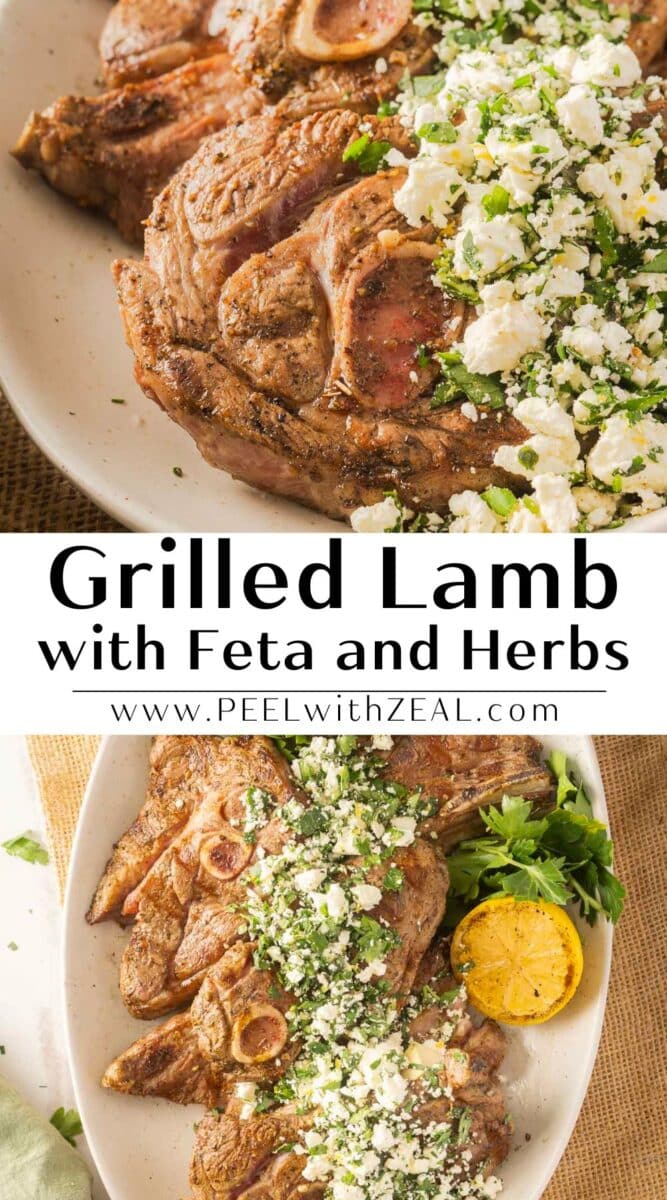 Grilled lamb shoulder chops topped with feta cheese and herbs on a plate, garnished with fresh parsley and lemon.