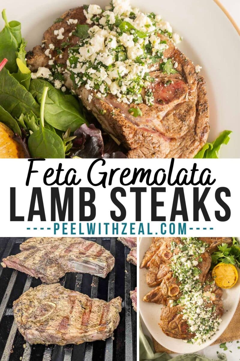 Feta Gremolata Lamb Steaks: Juicy grilled lamb shoulder chops paired with zesty feta gremolata, complemented by fresh greens. Discover more at peelwithzeal.com.