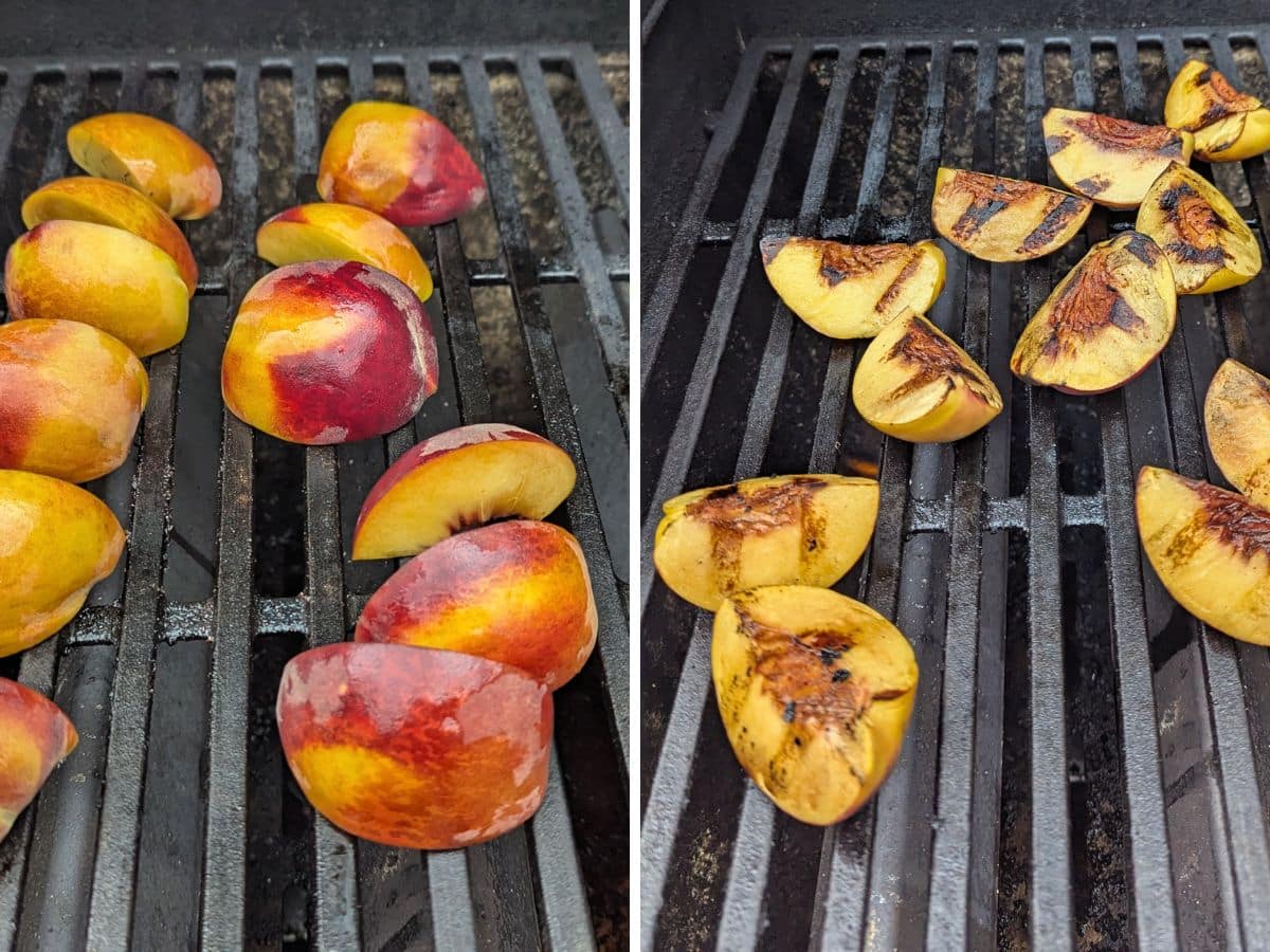 Grilled peach halves sizzle on the left, their vibrant hues contrasting with char-marked beauties on the right. Perfect for adding a smoky sweetness to a burrata salad or simply enjoying as they are.
