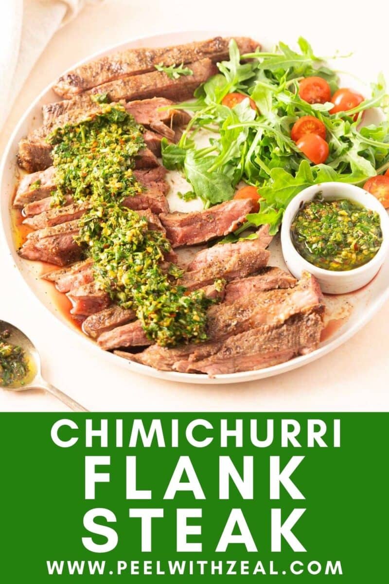 Enjoy a delightful plate of sliced flank steak with chimichurri, accompanied by fresh arugula and cherry tomatoes. For more details, visit our website using the link at the bottom.