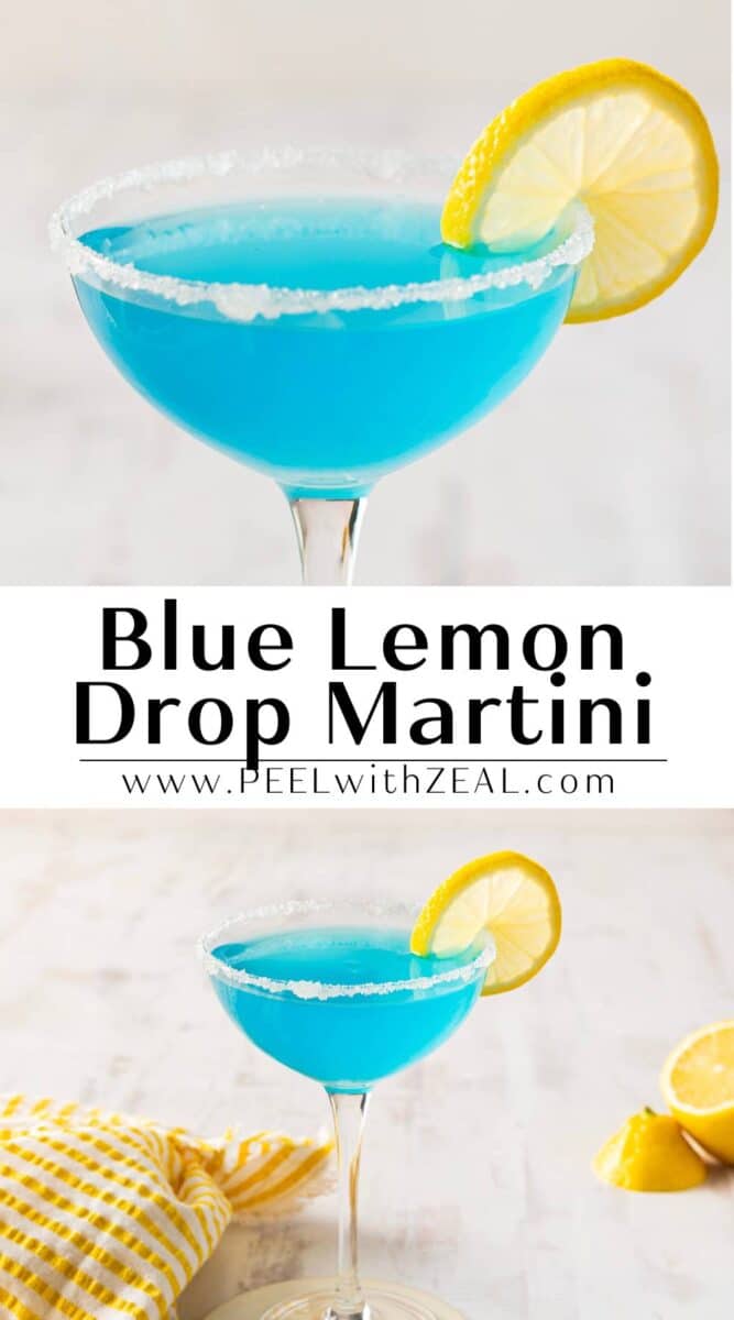 A refreshing blue cocktail graces the glass, its sugar rim sparkling. Garnished with a lemon slice, this Blue Lemon Drop Martini invites you in. Visit "www.PEELwithZEAL.com" for more! Nearby, a yellow towel adds a pop of color, alongside fresh lemon slices.