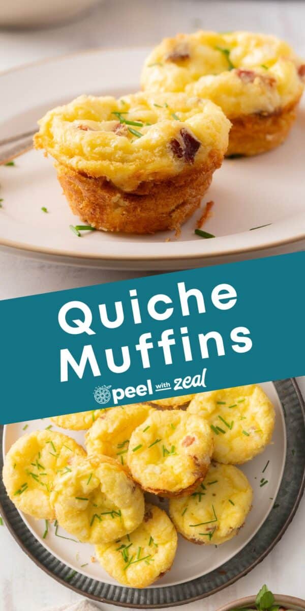 Delicious quiche muffins sit elegantly on a plate, their golden tops adorned with fresh herbs. A subtle text overlay whispers, "Quiche Muffins.